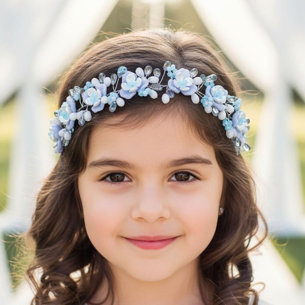 Blue Crystal Flower Girl Hair Accessory Headband for Weddings and Parties
